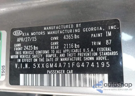 2015 Kia Optima Lx из США, поврежденный, VIN 5XXGM4A71FG474195